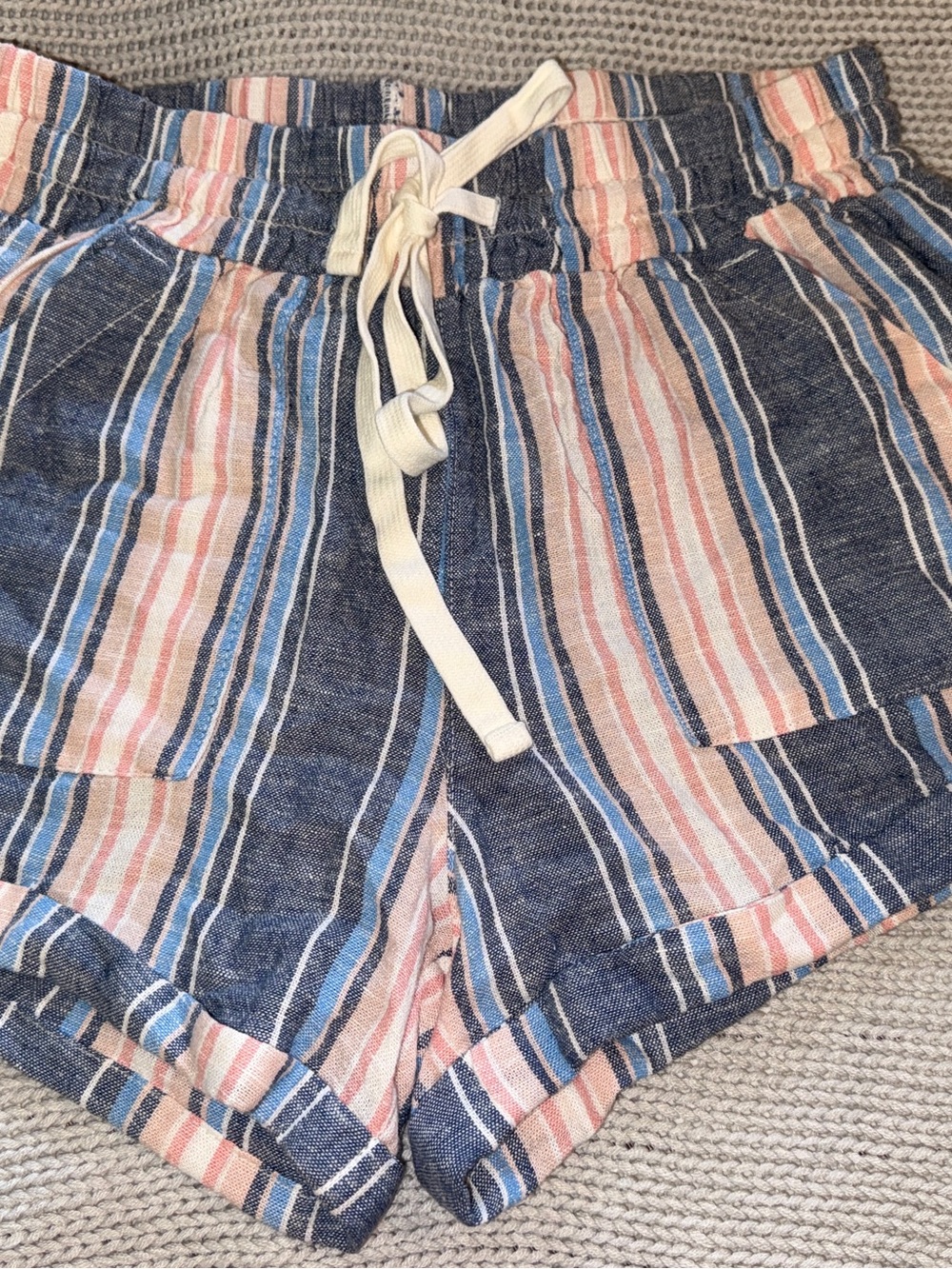 Roxy Navy, Pink and Light Blue Striped Linen Drawstring Shorts, Size Small